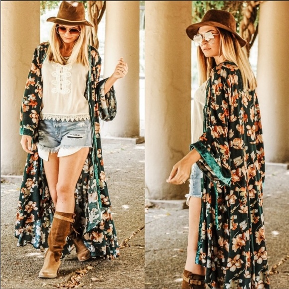 TEAL FLORAL BOHEMIAN OPEN FRONT MAXI LENGTH KIMONO - Picture 7 of 8